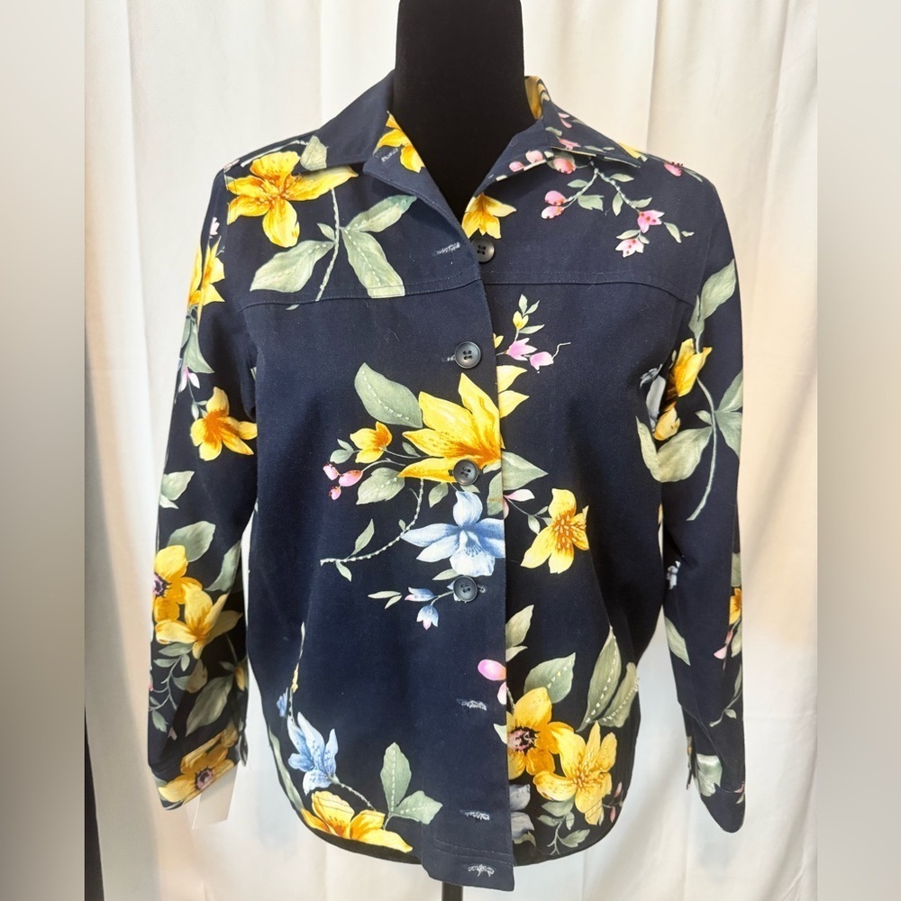 Alfred Dunner Floral Button Front Jacket 6P Petite Navy Lightweight Blazer